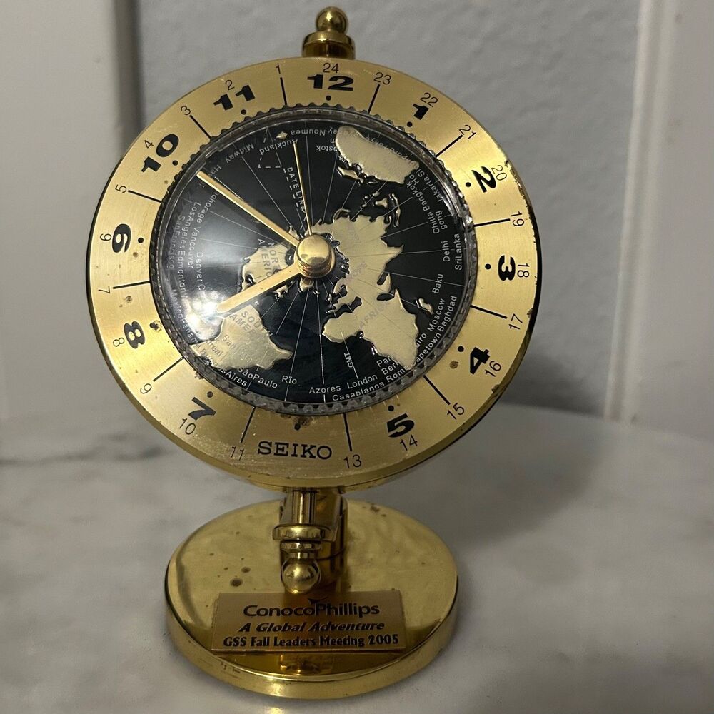 Seiko QHG106GLH World Time Desk Clock Globe Map ConocoPhillips 2005 Award Brass